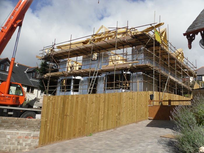 Frame in place, roof trusses being installed